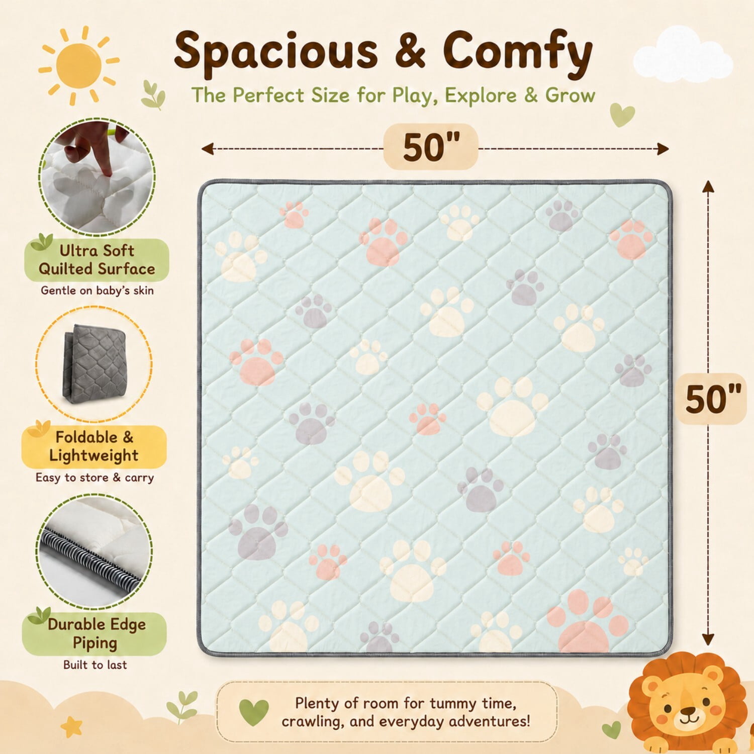 Easy4Home Foldable Baby Play Mat,50"x50" Non-Slip Thick Foam Crawling Mat Machine Washable Playpen Mat for Infants & Toddlers