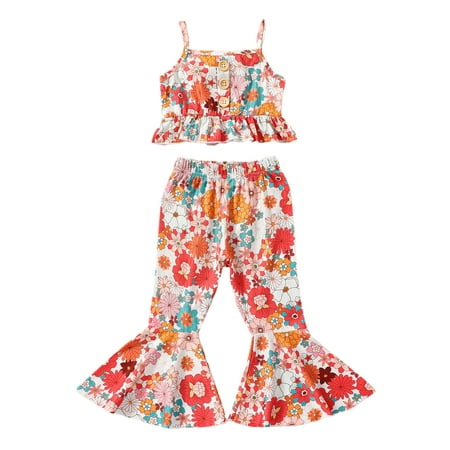 

Thaisu Kid Baby Girls Floral Print Spaghetti Straps Ruffled Cami Tank Tops Flare Pants Casual Outfits