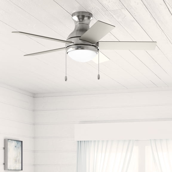 Hunter 44 inch Indoor Ceiling Fan with LED Light - Ceiling Fan with Pull Chain, For Bedroom, Living Room, or Kitchen, Low Profile Mount, No Remote, 5 Blades - Aren 51449, Brushed Nickel