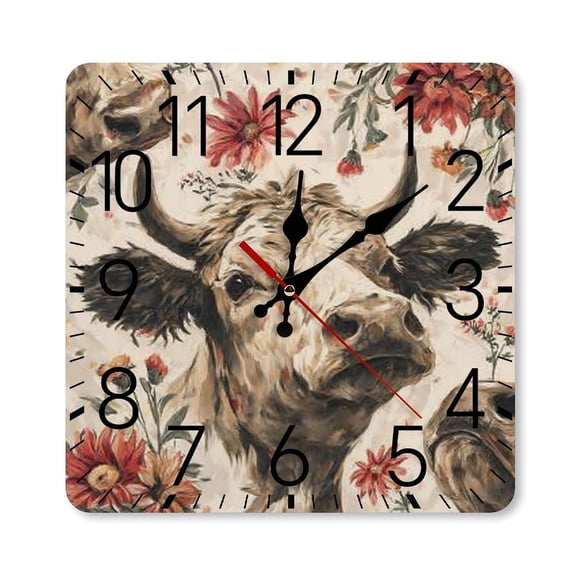 RKSupls 10×10inch Square Silent Wall Clock Wooden Frame, Cow Flowers Pattern Scale Decorative Clock for Home Bedroom Living Room Office