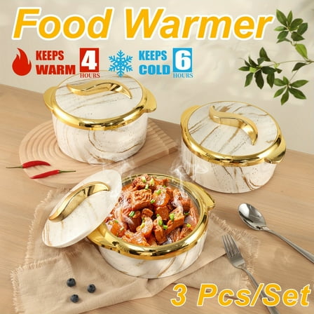 3 Pcs, Food Warmer, Golden Touch Thermal Casserole Dish Set With Lids, Insulated Stainless Steel Food Warmers, Perfect For Hot & Cold Dishes, Serving Bowl For Buffets, Hot Pot Food Warmer Set, Ideal