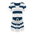 thumbnail image 4 of Summer Women Casual Midi Dresses Fashion Sexy Short Sleeve Stripe Sundress Loose Bandage Cute V Neck Drawstring Dress, 4 of 5