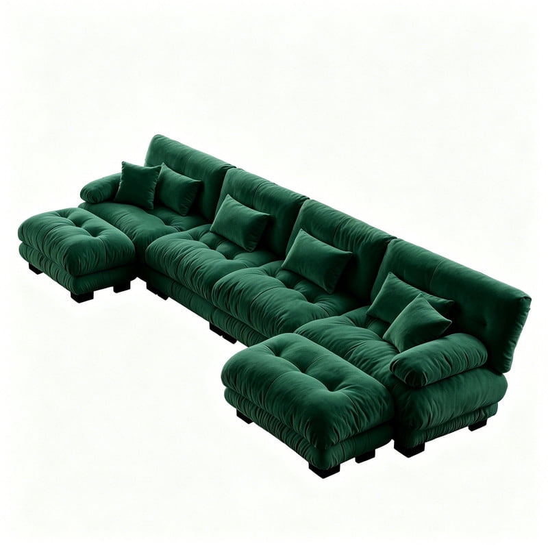 ANPPORT Cloud Couch Sleeper Sofa, Chenille Green 4-Seater Modular Sofa with 2 Ottomans, 4 Lumbar pillows, 2 Pillows, Comfy Deep Seat Cloud Sofa, Convertible L-Shaped Floor Couch for Living Room