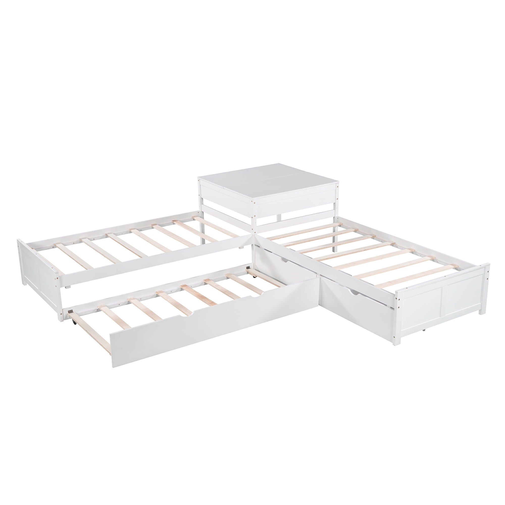 Euroco Pine Wood L-Shaped Twin Platform Bed with Trundle, 3 Beds in One for Bedroom, Trundle Bed with Drawers and Built-in Desk, White