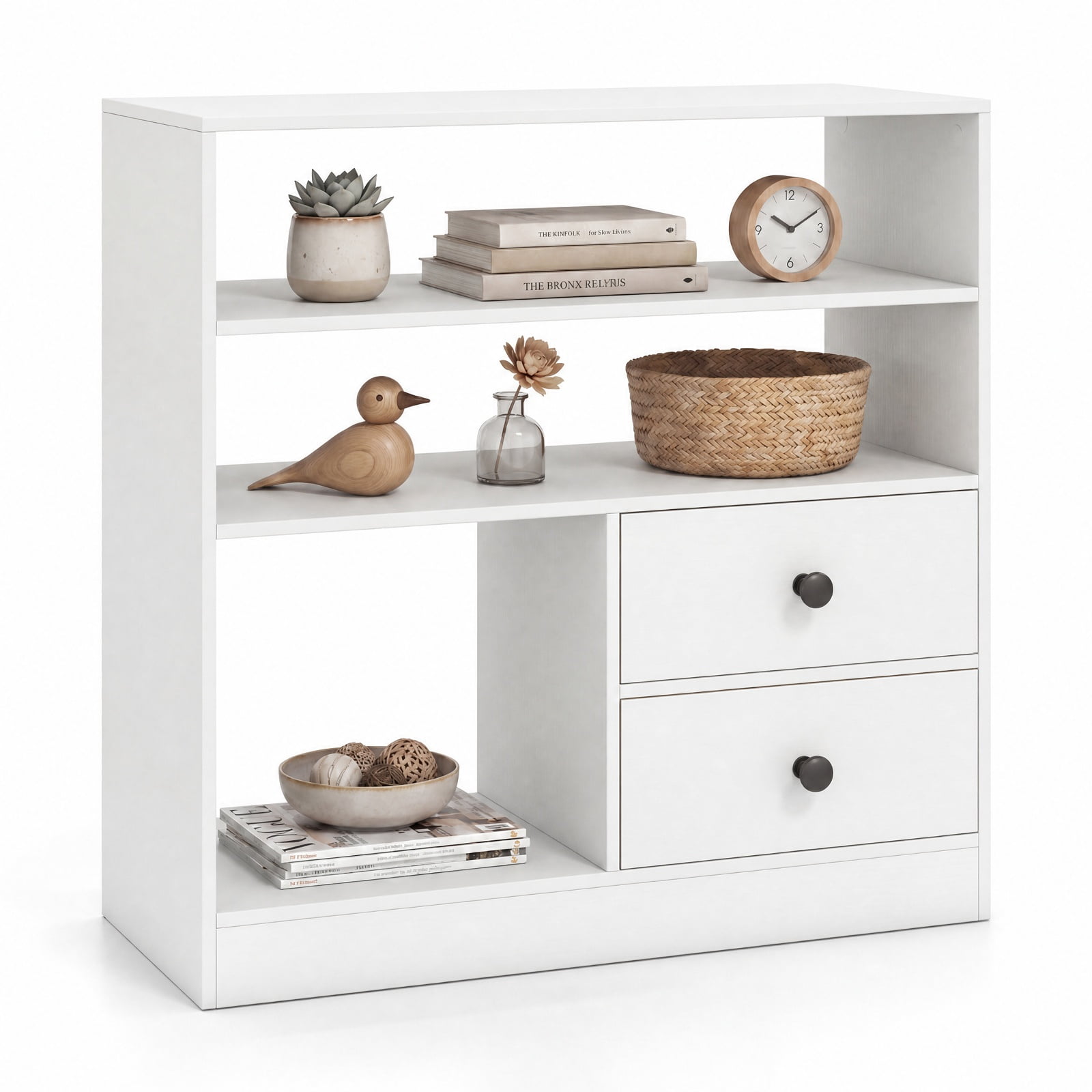 Furnibear Open Accent Cabinet with 2 Drawers 3 Compartments and Countertop Bookshelf Storage for Entryway Living Room and Bedroom, White