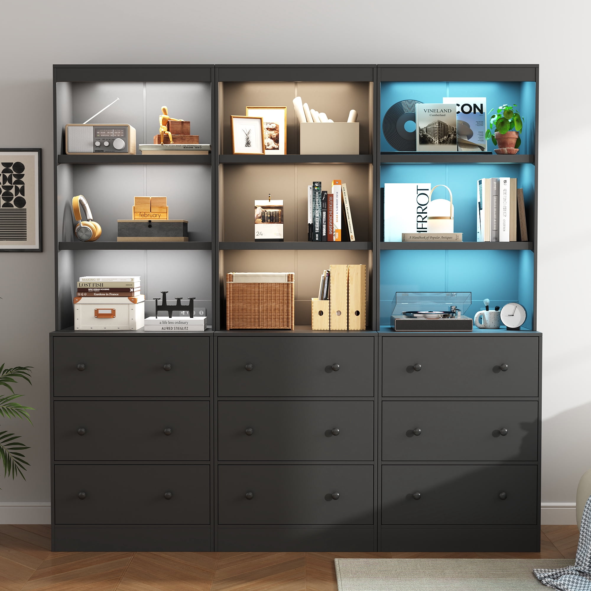 IDEALSOUL 2PCS 71" Tall Bookcase with Drawers, Black Wooden Bookcase with Charging Station & LED Lights, Freestanding Display Cabinet with Shelves for Living Room, Office, Bedroom