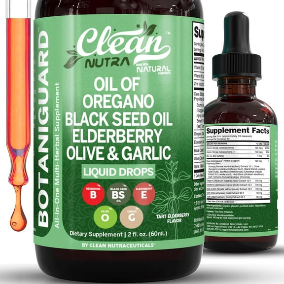 Clean Nutra BOTANIGUARD Liquid Drops with Oil of Oregano, Black Seed Oil, Elderberry, Olive & Garlic – Tart Elderberry Flavor – 60ml All-in-One Herbal Formula – Vegan, Non-GMO