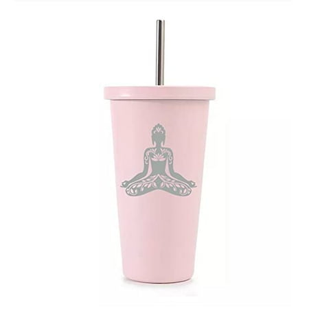 

16 oz Stainless Steel Double Wall Insulated Tumbler Pool Beach Cup Travel Mug With Straw Buddha Yoga lotus (Light Pink)
