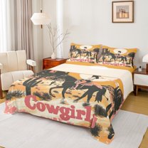 Manfei Tribal Cowgirl Twin Sheet Sets for Teen, Farmhouse Horse Twin Fitted Sheet, Western Cactus Plant Flat Sheet, Microfiber Bedroom Decor, 3 Pieces