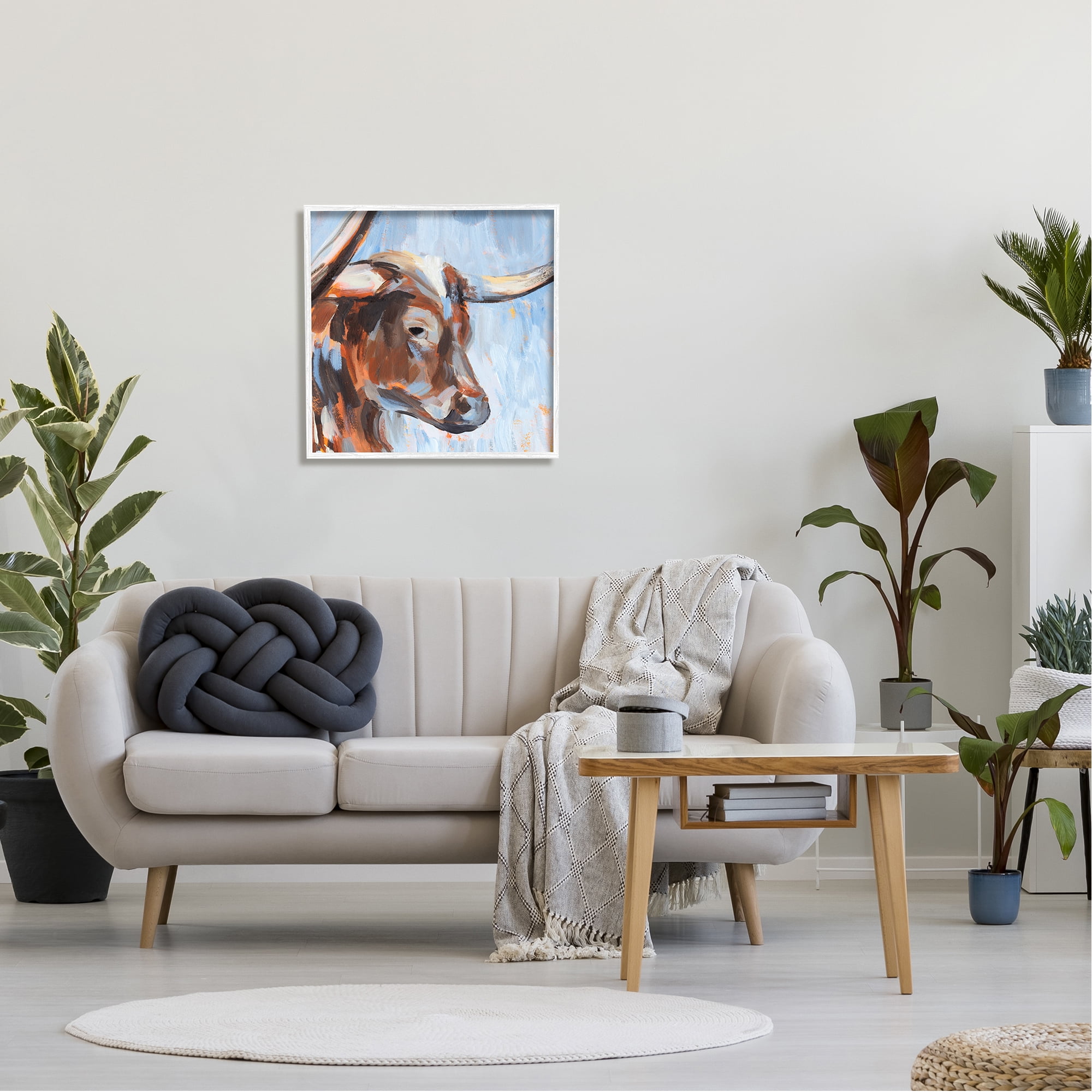 Stupell Industries Blue Longhorn Cattle Portrait Animals & Insects Painting White Framed Art Print Wall Art, 24 x 24