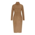 thumbnail image 4 of BLTIBY Women's Suede Bodycon Midi Dress Long Sleeve Ruched Elegant Cocktail Party Vintage Dresses Smocked Solid Western Turtleneck Dress Khaki M, 4 of 6