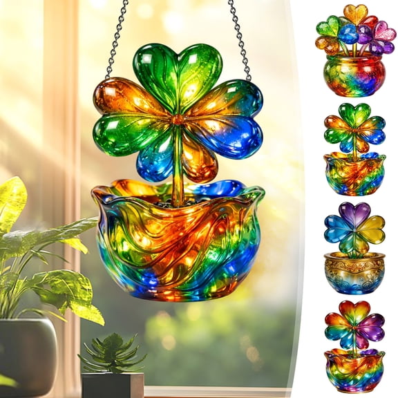 St Patricks Day Four-Leaf Clover 2D Acrylic Disc Pendant, Clear Hanging Ornament for Window/Porch/Wall/St Patricks Day Decorations, Ships with Protective Cardboard Packaging, 7.8in, D