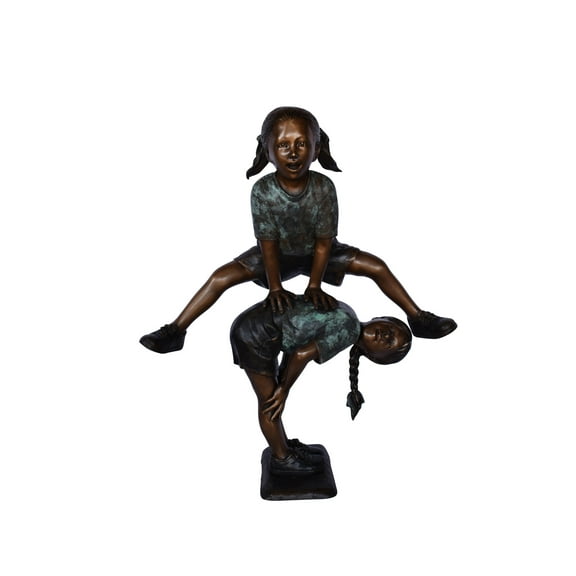 Two Girls Playing Leapfrog Jumping Bronze Statue - Size: 30"L x 14"W x 34"H.