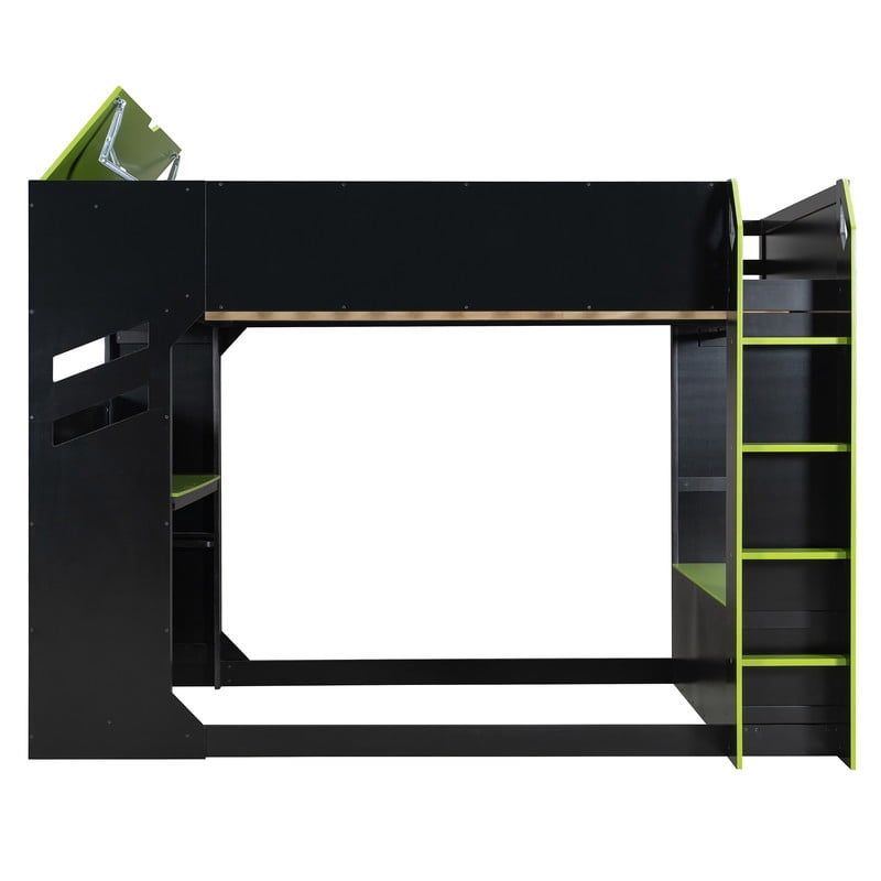 Full Size Wood Loft Bed with Height Adjustable Desk, RGB LED Lights & Storage Drawers, Gaming Loft Bed Frame with Headboard Cabinet, Hanging Rod for Bedroom
