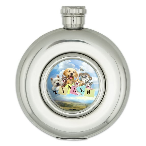 Dog and Cat Thanks Thank You Selfie Round Stainless Steel 5oz Hip Drink Flask
