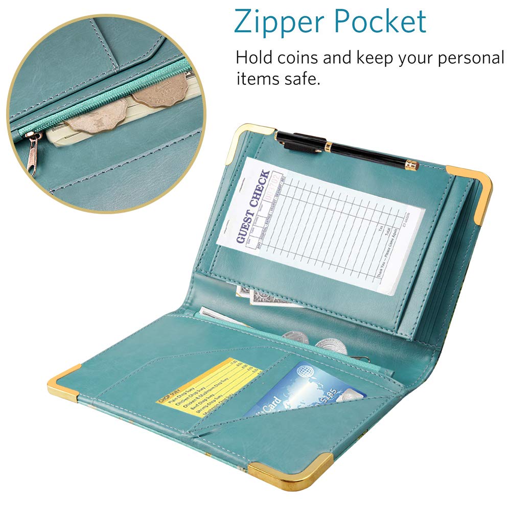 5 Large Pockets with Pen Holder Waitress Book Organizer with Zipper Pouch for Restaurant Waitstaff CoBak Server Book Grain Brown