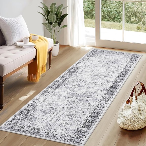 2x6 Washable Runner Rug, Non-Slip, Vintage Floor Carpet, Low Pile, Distressed Pearl Velvet, Foldable, Soft, Bathroom, Laundry, Entryway, Gray.