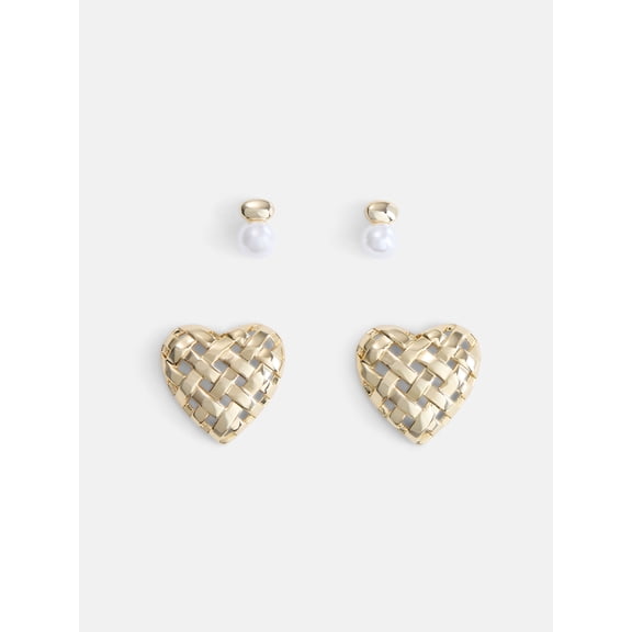 Free Assembly Women's Demi Fine 14K Gold Plated Heart and Simulated Pearl Earring Set, 2-Pair