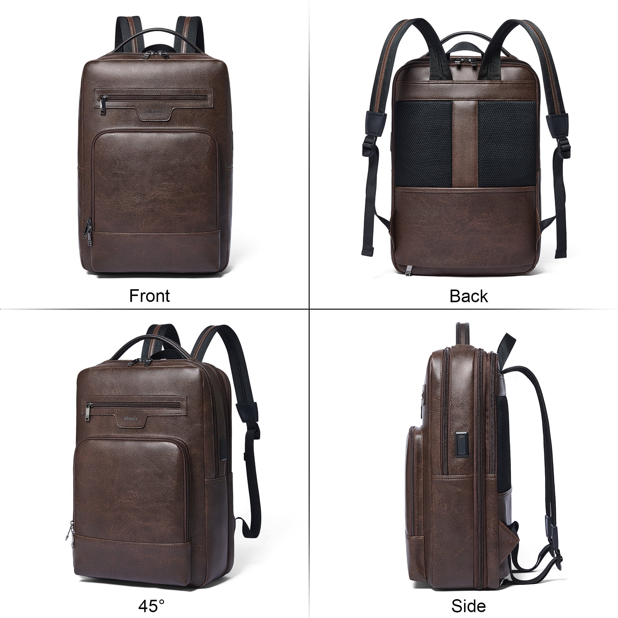 Shrrie Leather Laptop Backpack for Women and Men,28 L Travel Backpack Computer Bag Fits 16 inch Laptop,Expandable Casual Daypack with USB Charging Port for Work Business Weekender College
