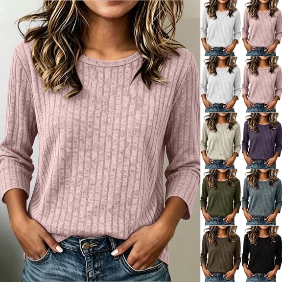 Noric Women's 3/4 Length Sleeve Tops Crew Neck Ribbed Knit Pullover Casual Loose Fit Lightweight Blouse
