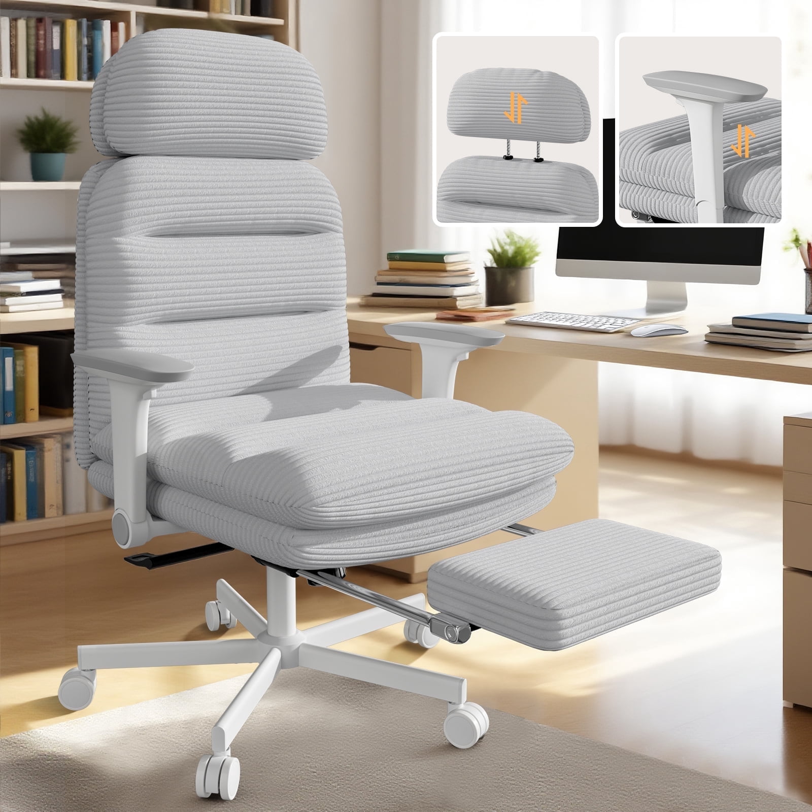 Genpo Criss Cross Chair with Wheels & Flip-up Arms, Executive Office Chair with Foot Rest, Swivel Cross Legged Office Chair, Gray Corduroy Fabric Comfy Computer Desk Chair, Vanity Chair for Home