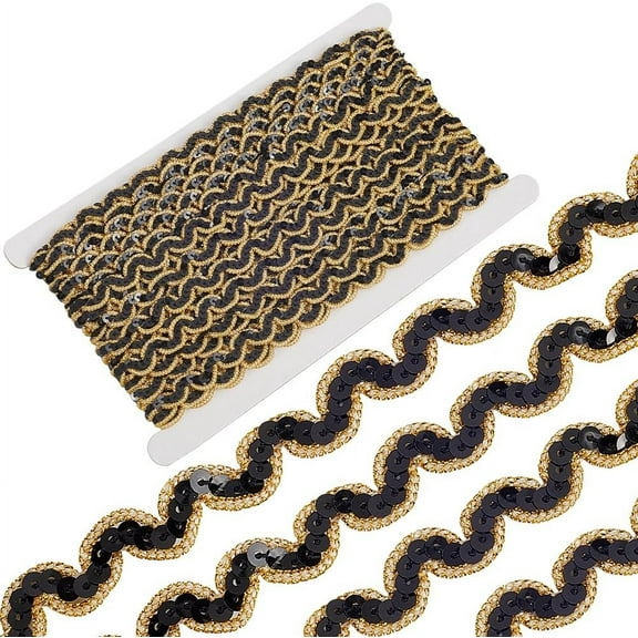 14.22 Yards Black Gold Sequin Trim Flat Polyester Paillette Wavy Edge Strips Scroll Lace Trimming Glitter Metallic Sequins Ribbons DIY for Sewing Making Party Decorations DIY Art Craft Supply