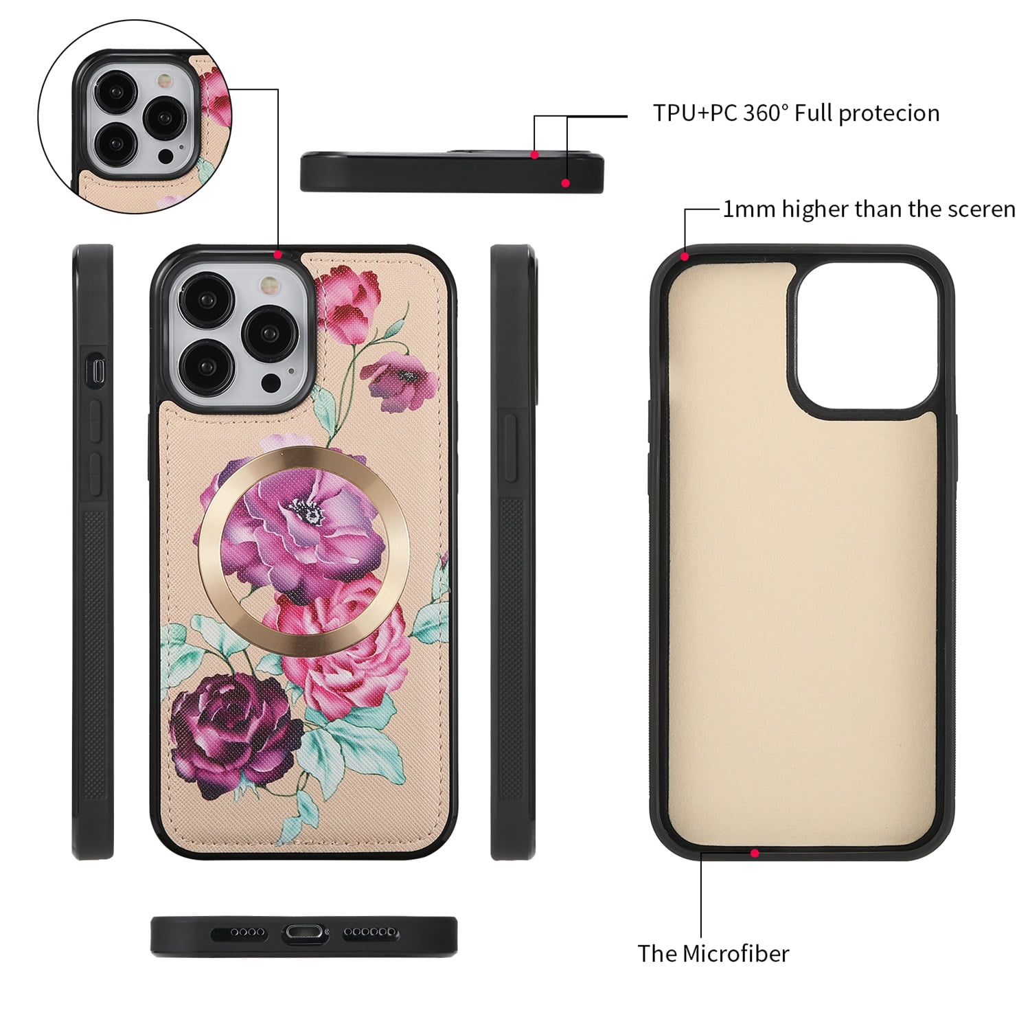 SaniMore Magnetic Detachable Wallet Case for iPhone 13 Pro Max, Flower Pattern RFID Blocking Cover Support Wireless Charging Card Slot Shoulder & Wrist Strap 360° Full Protective Shell, Yellow