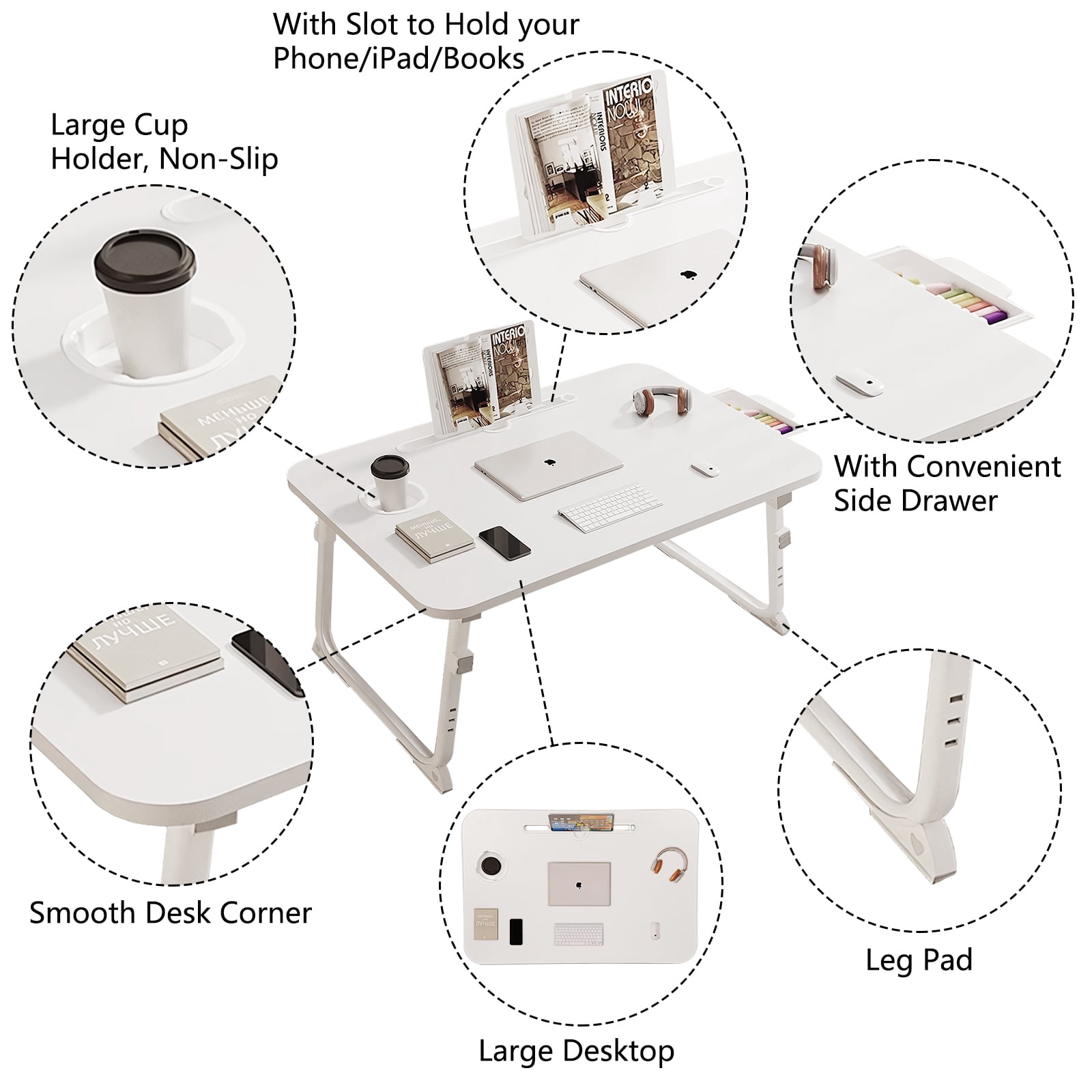 Yoneston Folding Laptop Bed Table, 23.6inch Portable Bed Tray Height Adjustable Laptop Desk with iPad Slots, Drawer and Cup Holder for Working Reading Writing, Eating, Watching-White