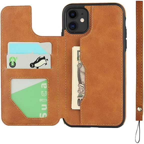 iPhone 11 Luxury PU Leather Wallet Case with Card Holder,Double Magnetic Clasp,Card Cash Slots,Stand Function Flip Wrist Lanyard Strap Back Cover Case for iPhone 11, 6.1",Khaki