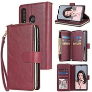 SZCINSENWalletCaseforHuaweiP30Lite,PremiumSoftPULeatherZipperFlipFolioWalletwithWristStrapCardSlotKickstandProtectiveCaseforHuaweiP30Lite(Color:Winered)