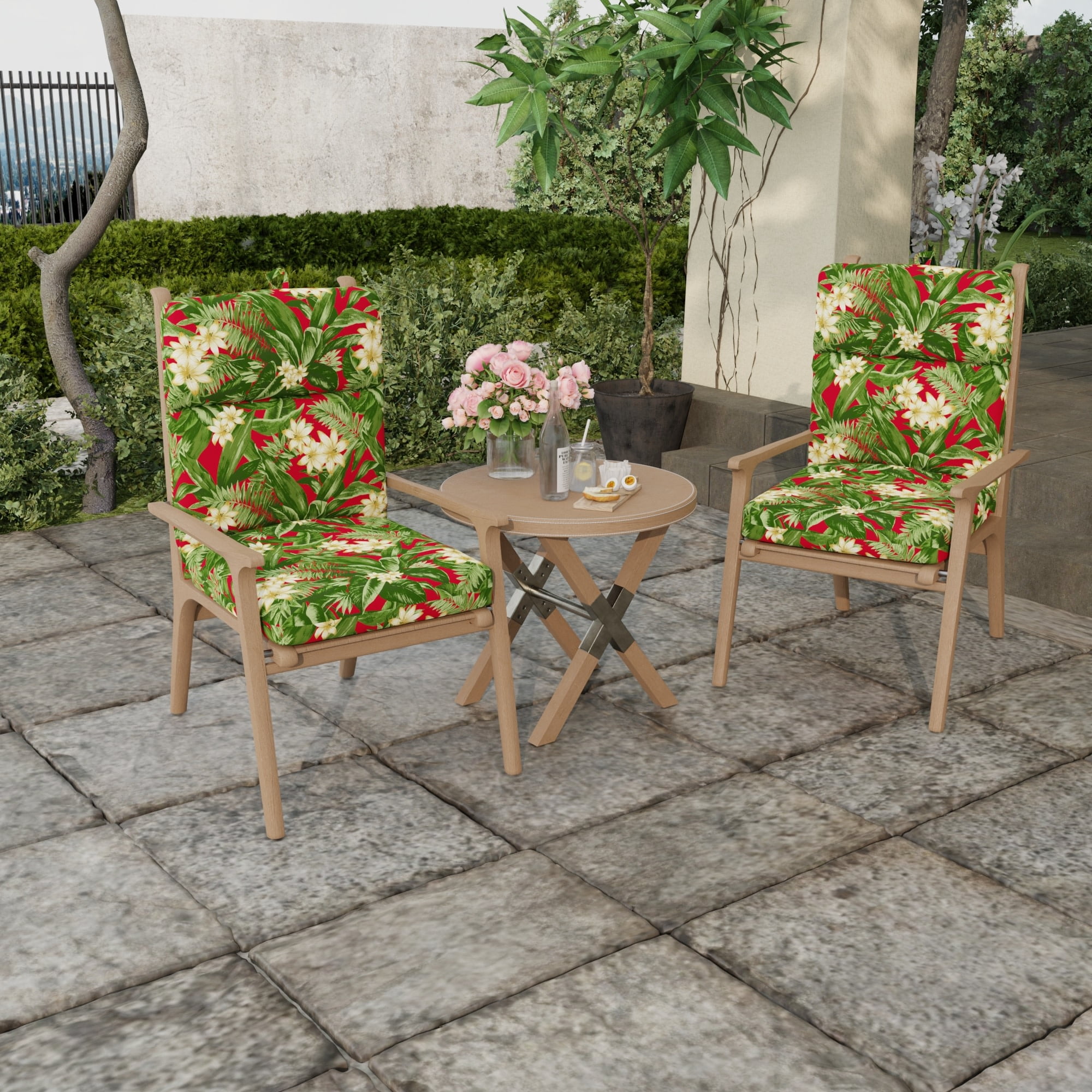 Jordan Manufacturing 44" x 22" Acadia Bordeaux Red Tropical Rectangular Outdoor Chair Cushion with Ties and Hanger Loop