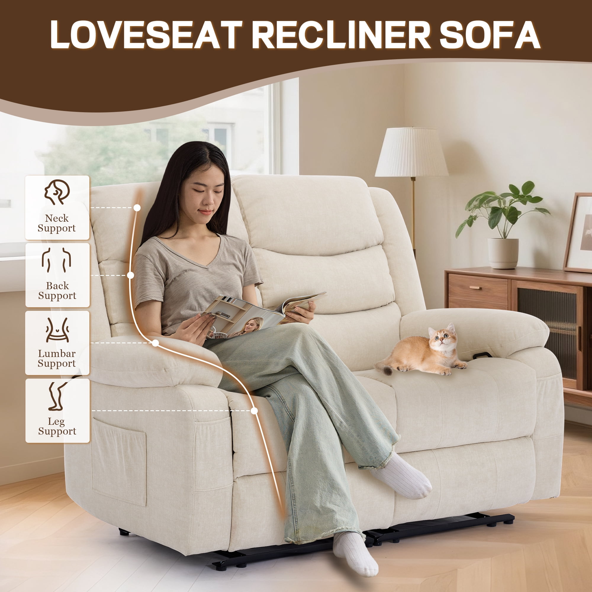 Korser Oversized Loveseat Recliner Sofa with Front Pockets and Side Pockets for Living Room,Home Theater,Beige