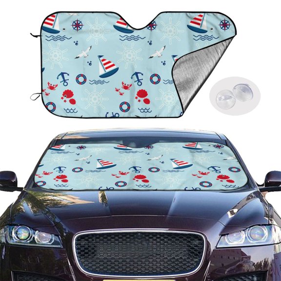 Picia Sailboats Anchors Curved Windshield Sunshade Accordion Folding Style Auto Shade for Car Truck SUV Van Blocks UV Ray Sun Visor Protector -Small