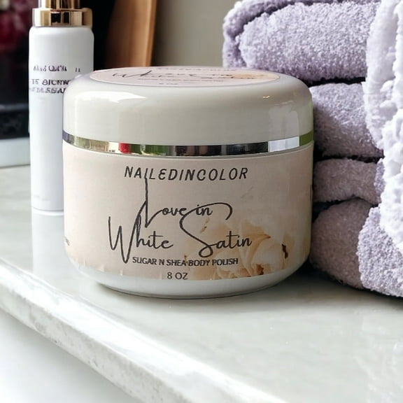 NailedInColor Love in White Satin Sugar Shea Body Polish, Women's Exfoliating Aromatherapy Shower Scrub