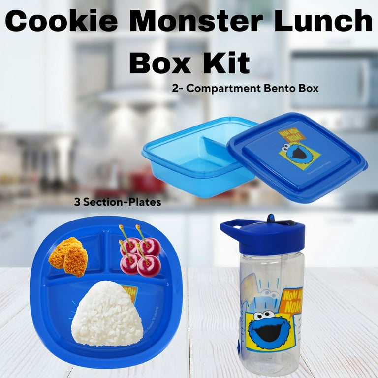 Sesame Street Cookie Monster Lunch Box Kit for Kids Blue Bento Box Divided Plates and Tumbler BPA-Free Dishwasher Safe Toddler-Friendly Lunch