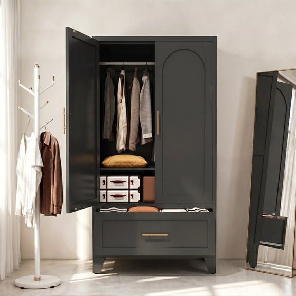 AISWORD 60" Tall Metal Wardrobe Cabinet with 1 Drawer and Hanging Rod, 2 Doors Closet with Adjustable Shelf, Black