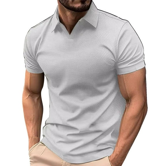 Mens Knitted Polo Shirt Muscle Short Sleeve V Neck Stretch Casual Slim Fit Vintage Ribbed Golf T-Shirt