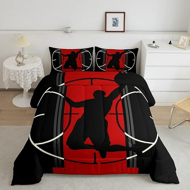Basketball Comforter Set for Teens Sports Games Bedding Set Red and Black Bedding Home Decor for Kids Comforter Queen Size
