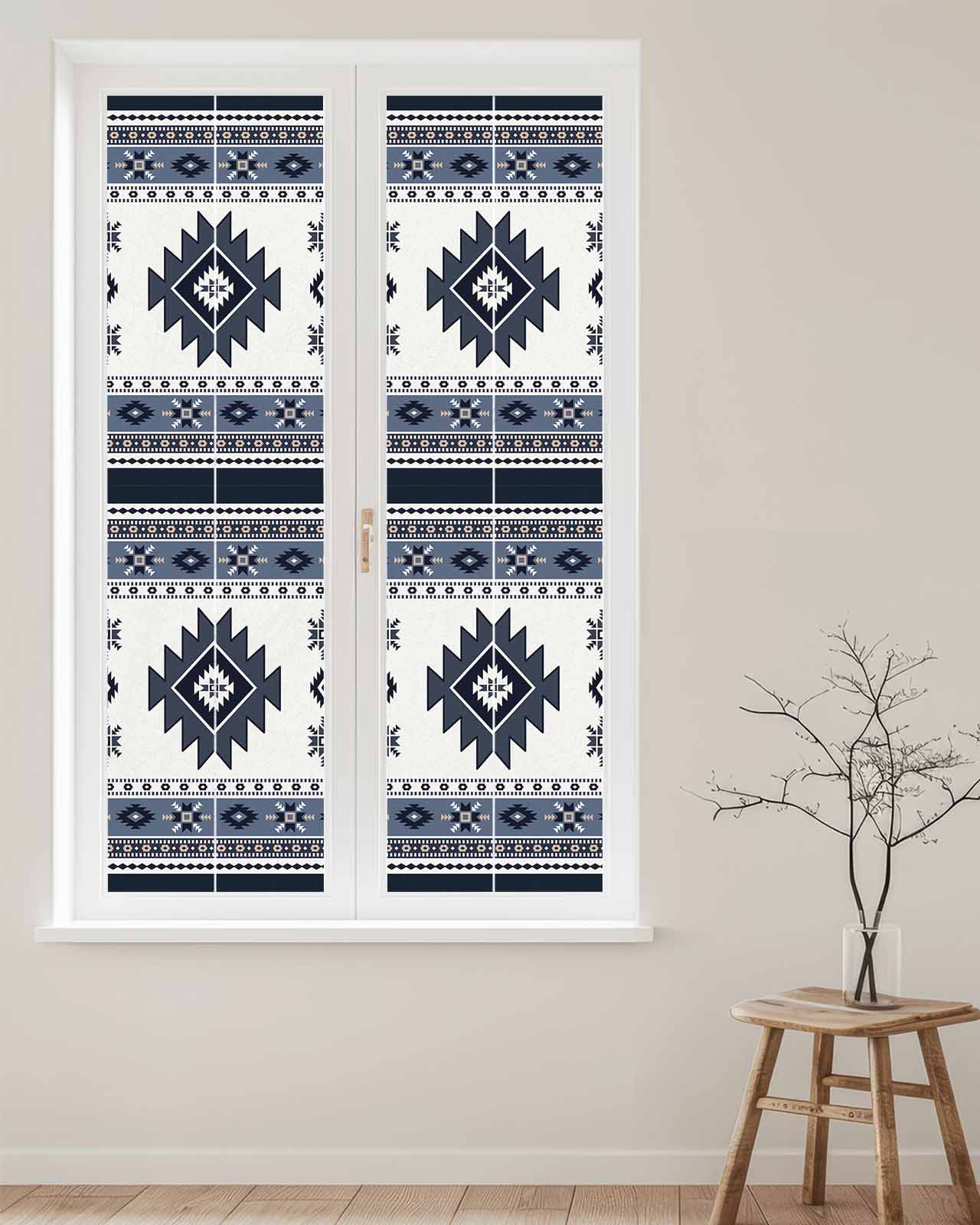 Window Privacy Film Dark Blue Boho Stained Glass Window Film Decorative Sun Block Window Cover Farmhouse Neutral Abstract Geometric Window Clings Static Adhesive Sticker for Bathroom 29.5"x118"