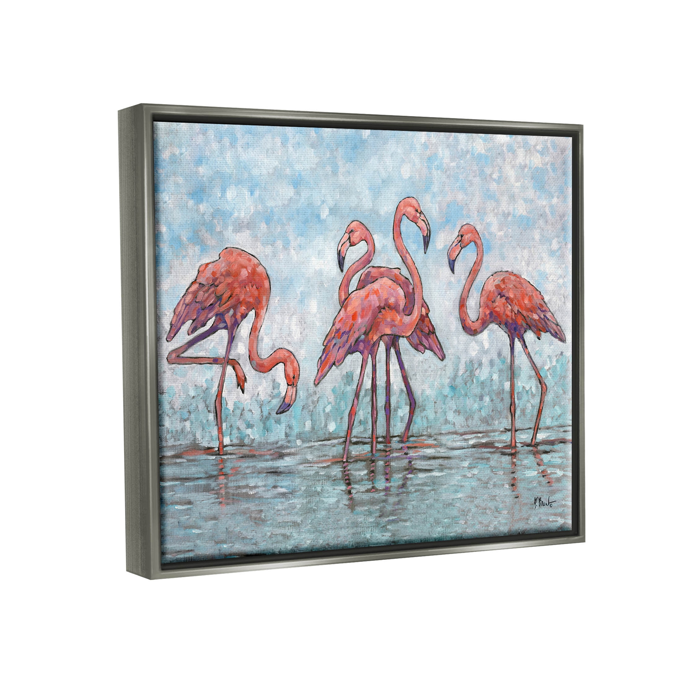 Stupell Industries Flamingos in Lagoon Impressionist Style Painting Luster Gray Floating Framed Canvas Print Wall Art, Design by Paul Brent