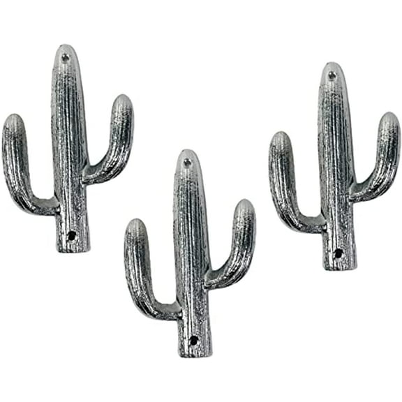 Urbalabs Cast Iron Cactus Hooks for Wall Double Cactus Coat Key Hanger Southwestern Western Wall Home Rustic Cactus Decor, Cactus Coat Rack, Bags, Towels and More Metallic Silver 3 Pack (Silver)
