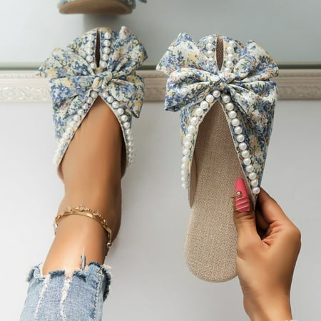 

PhoneSoap Women Shoes Flat Sandals Summer Boho Rhinestone Dress Shoes Comfortable Open Toe Pearl Rhinestone Sandals Roman Sandals Blue