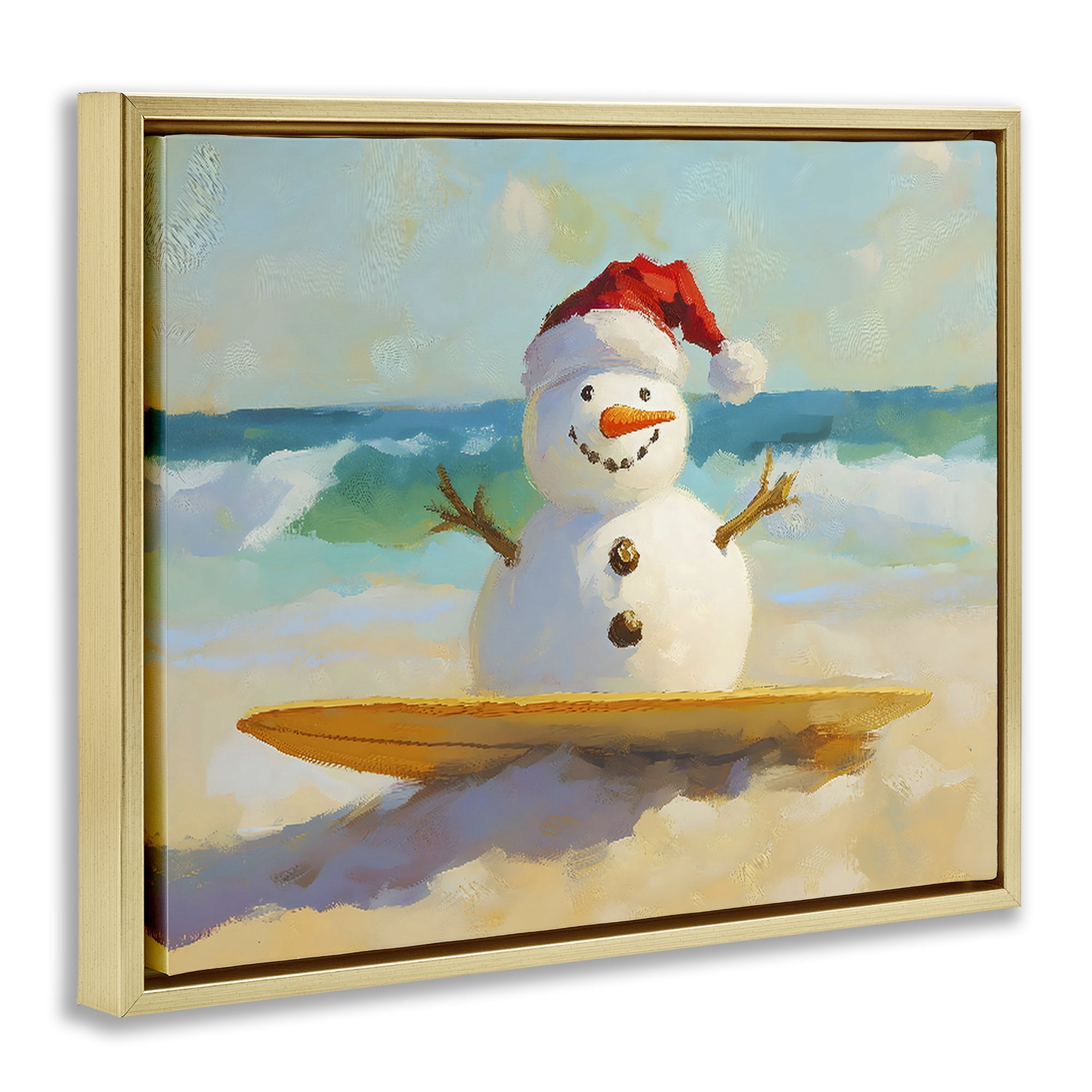 Stupell Industries Surfer Snowman on Beach Gold Framed Floater Canvas Wall Art, design by The Prints Vibe