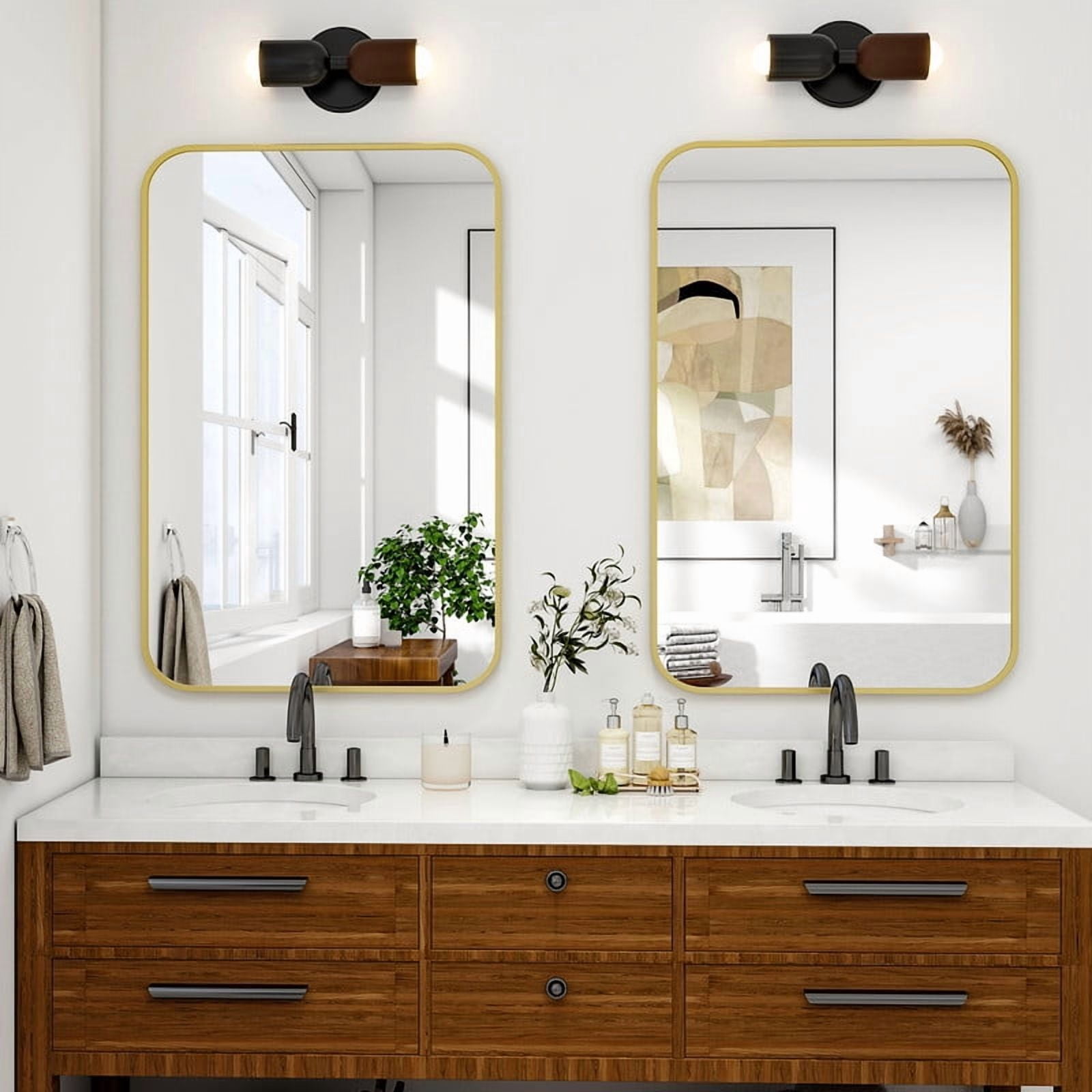 Easy4Home 36"x24" Rectangular Bathroom Mirror Hanging Rounded Corners Vanity Mirror Wall Mounted, Gold