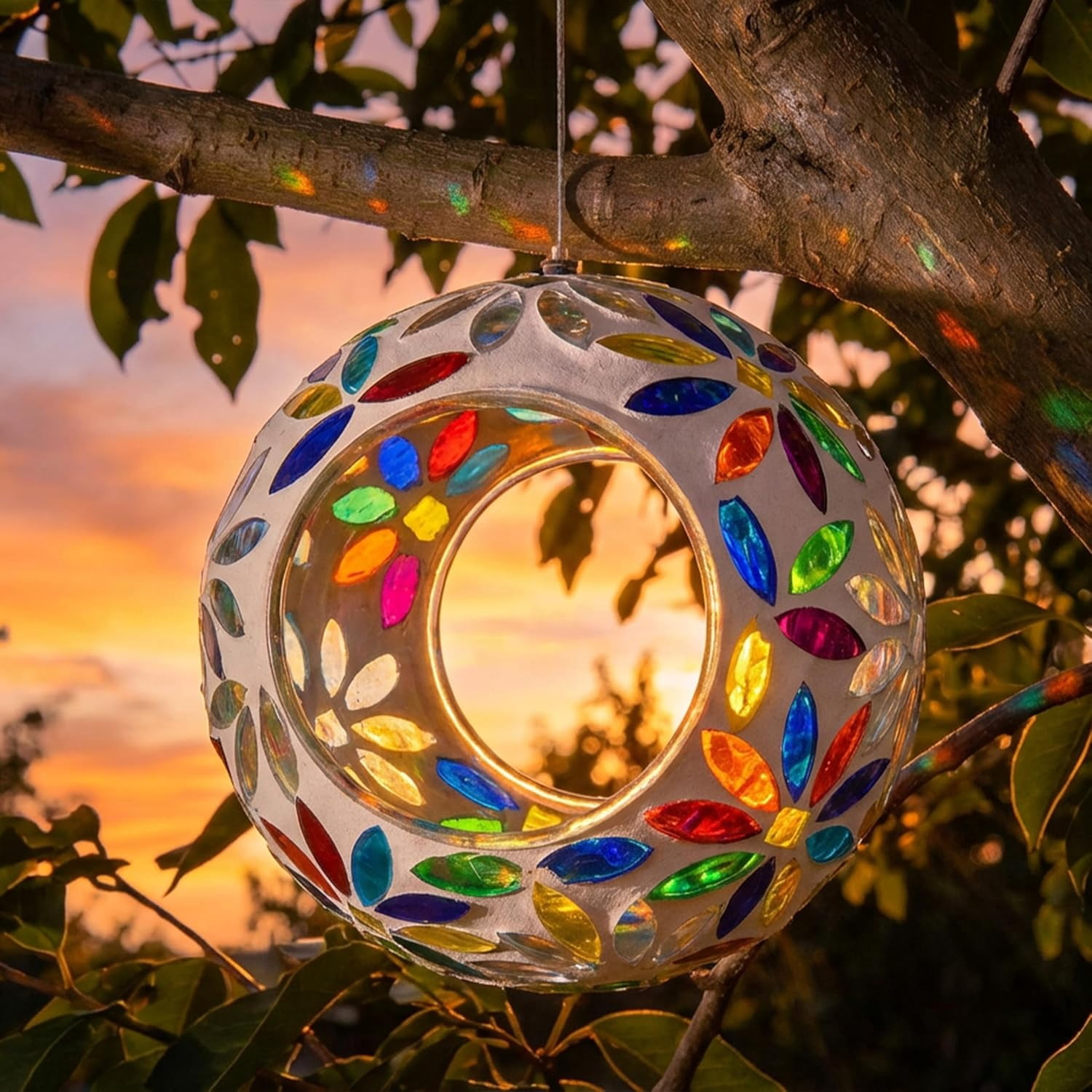 6-Inch Glass Mosaic Hanging Bird Feeder for Outdoors - Fly-Through Glass Bird Feeder for Cardinals, Jays, Finches and More - Rainbow Daisies