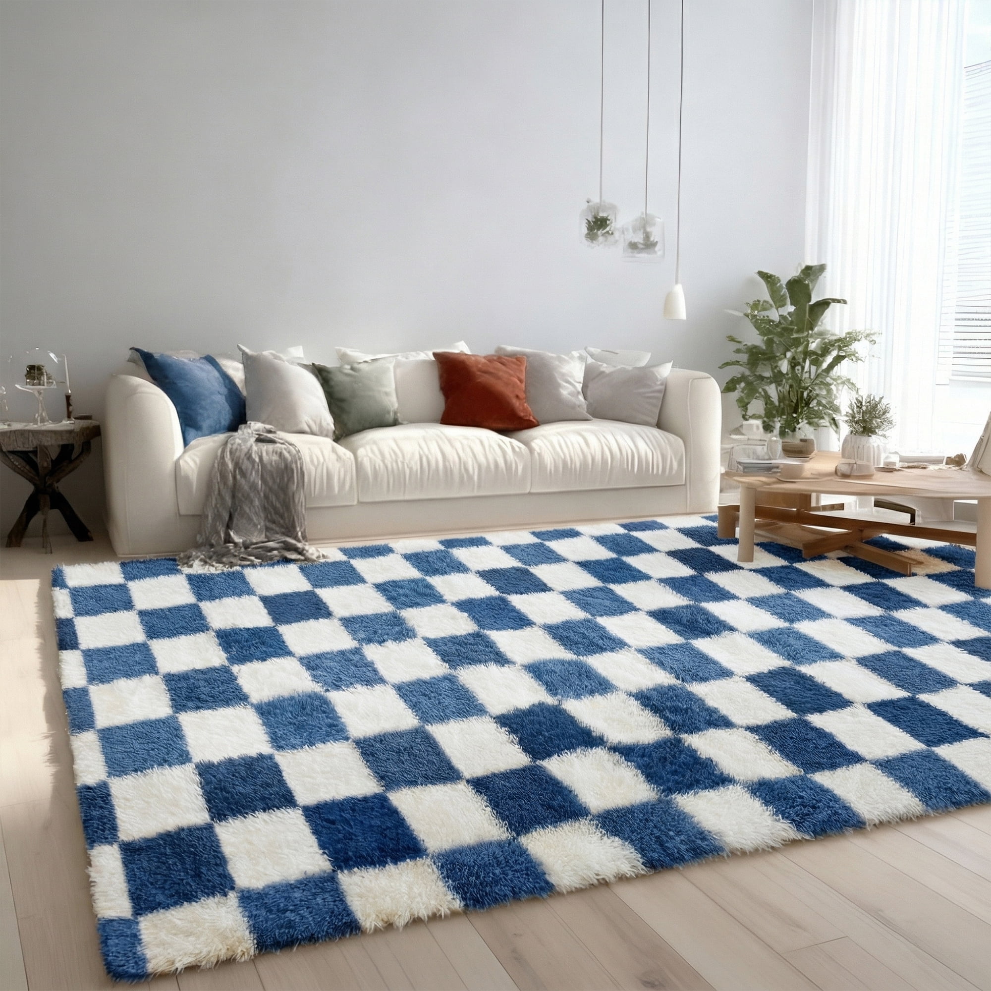 Pentantan 5ft x 8ft Shag Area Rugs for Living Room, Classic Checkered Fluffy Bedroom Carpet, Blue & White