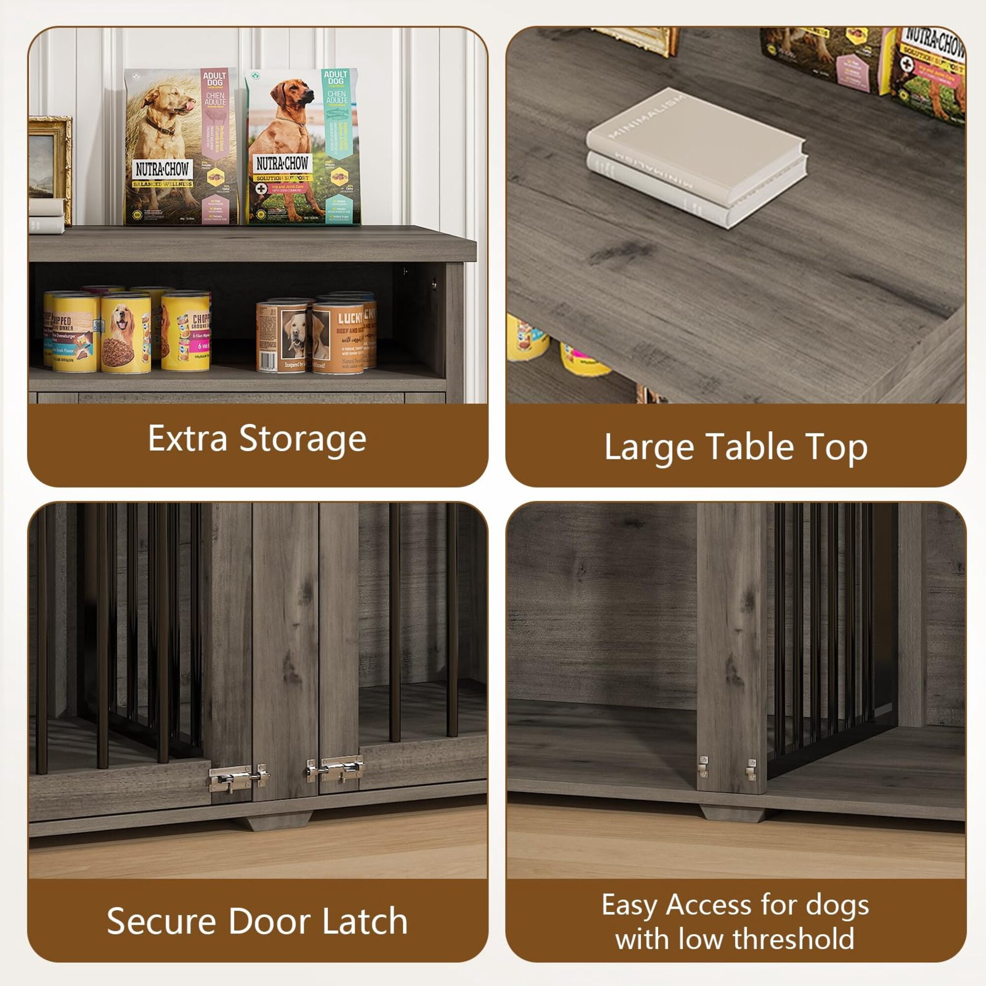 41" Washed Gray Farmhouse-Style 2-Door Dog Crate with Storage Shelves – Indoor Kennel Furniture for 2 Small/Medium Dogs
