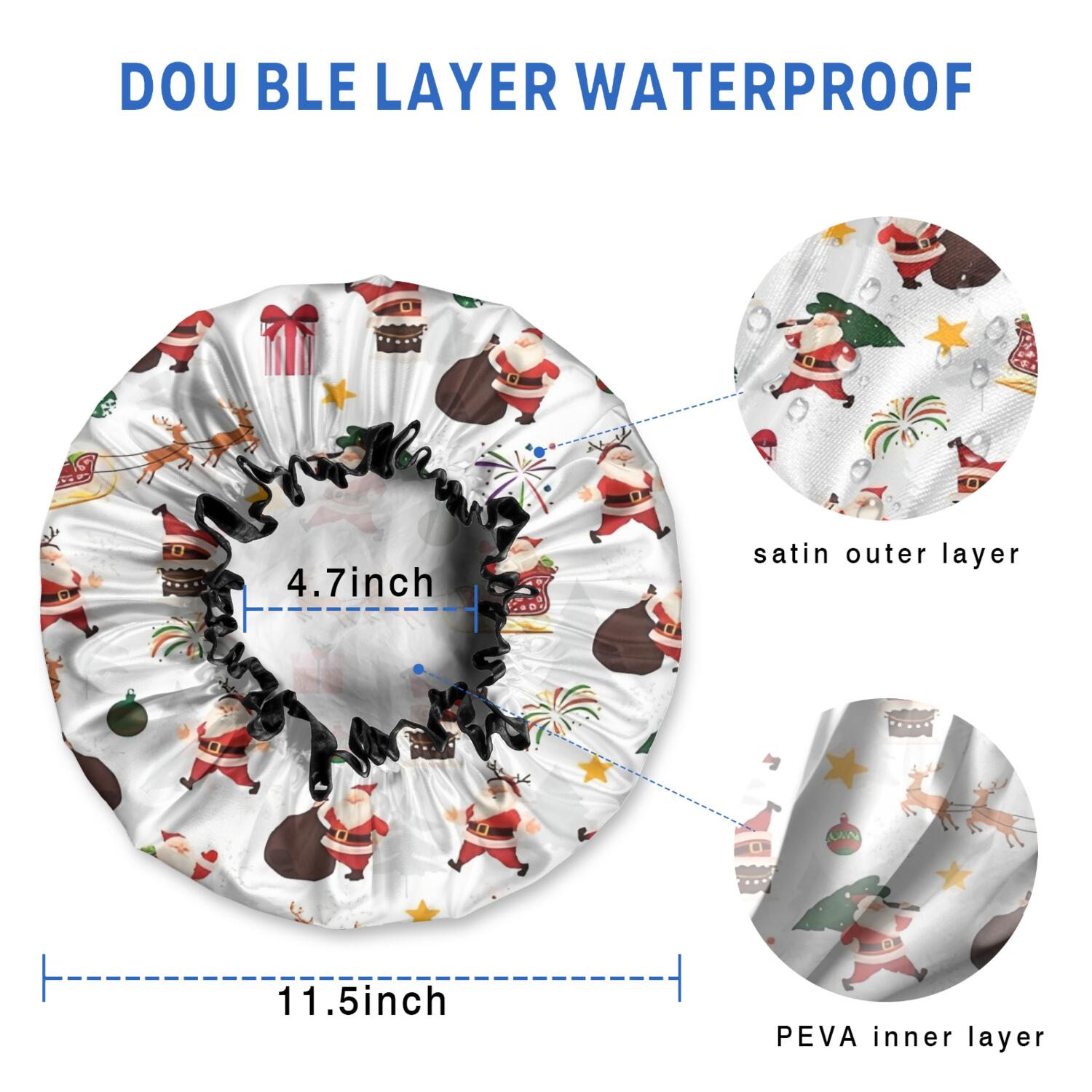 Shower Caps,White Christmas Santa Pattern Waterproof Shower Cap for Women 4 Pieces,Double Reusable Hair Cover for Shower PEVA Elastic Stretch Hem