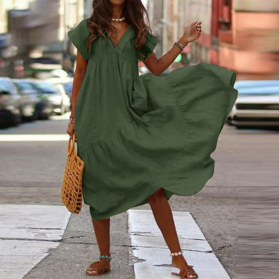 PEASKJP Womens Dresses Spring Women's Sleeveless Wrap V Neck A-line Bridesmaid Party Dress (Green,3XL)