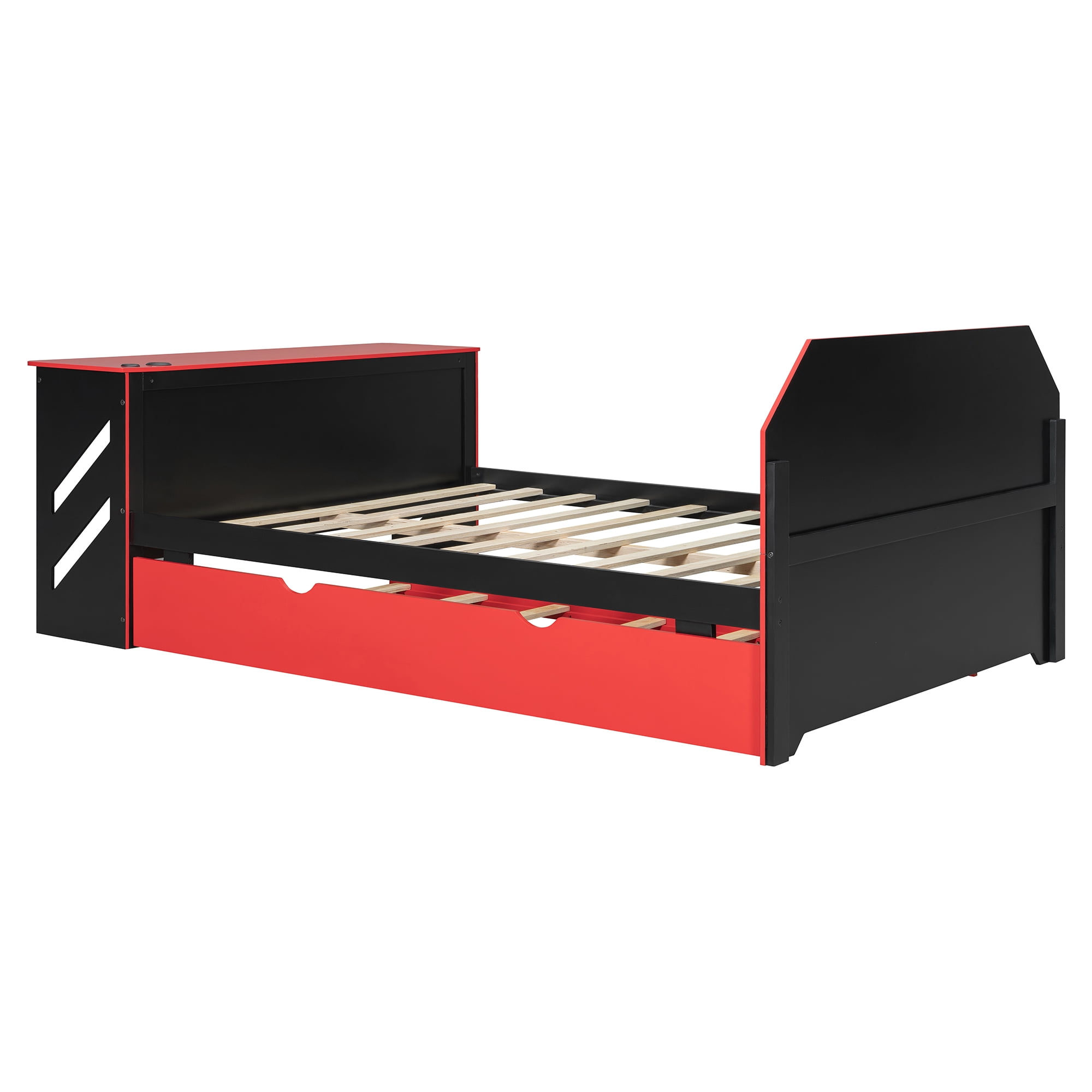 Mintazer Full Size Gaming Daybed with Pull-Out Twin Size Trundle & Desk, Platform Bed Frame with USB for Bedroom Dorm, Black & Red